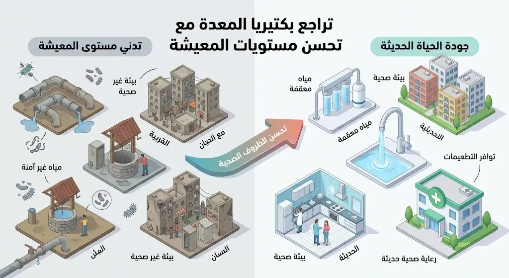 إنفوجرافيك يوضح العلاقة بين تحسن جودة الحياة وتوفر البيئة الصحية في تراجع معدلات الإصابة بجرثومة المعدة.