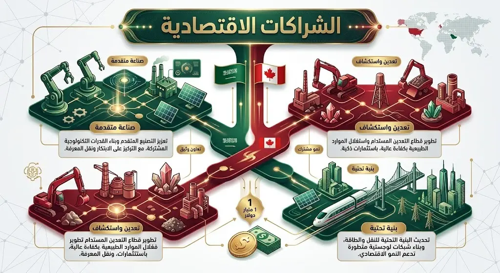 إنفوجرافيك يوضح حجم ومجالات الشراكات الاقتصادية بين السعودية وكندا في قطاعات الصناعة والبنية التحتية.
