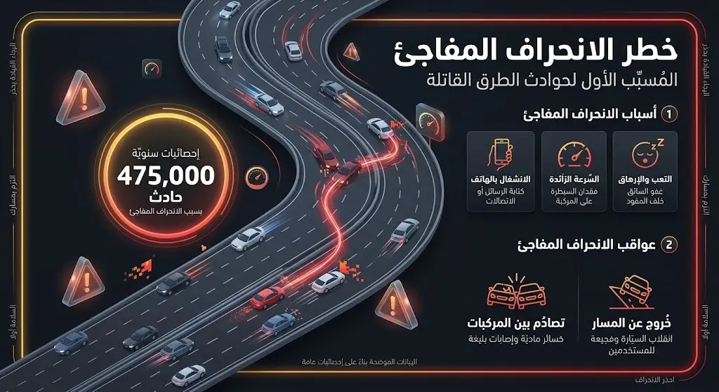 إنفوجرافيك تحذيري يستعرض مسار انحراف سيارة وخطورة الانحراف المفاجئ للمركبات على الطرقات، مع إحصائية عن عدد الحوادث.