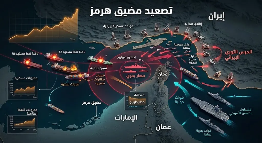إنفوجرافيك ثلاثي الأبعاد يجسد التصعيد العسكري في مضيق هرمز، استهداف السفن التجارية، والتدخل العسكري الأمريكي وتأثيره المباشر على أسعار النفط.