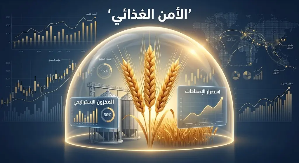 تصميم تعبيري يظهر سنابل القمح وصوامع الغلال داخل درع مضيء للدلالة على استقرار المخزون الإستراتيجي في ظل تقلبات السوق.