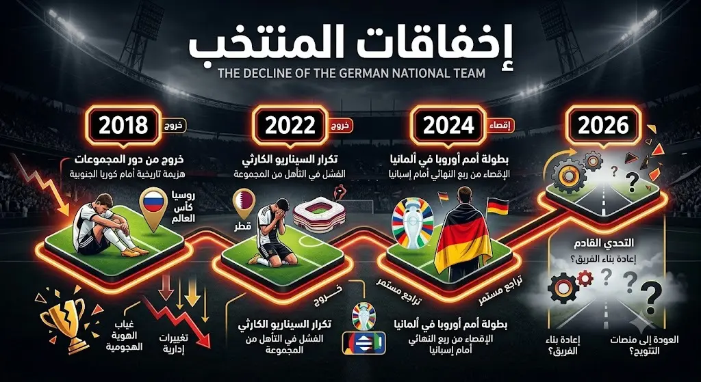 إنفوجرافيك يوضح التراجع الفني لمنتخب ألمانيا وإخفاقاته في البطولات الكبرى منذ عام 2018 وحتى كأس العالم 2026