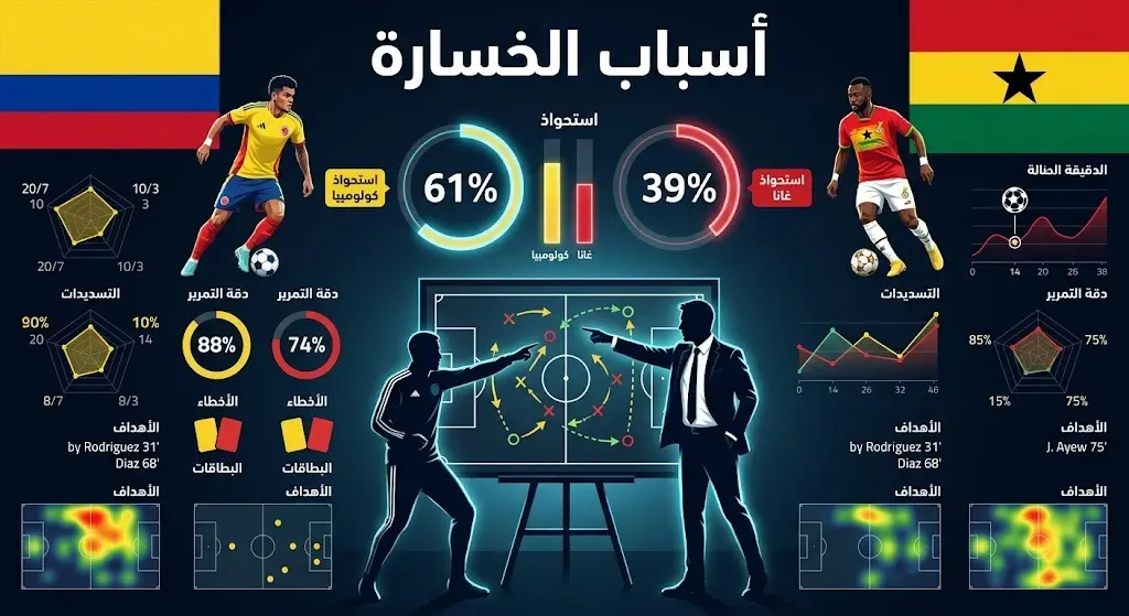 إنفوجرافيك يوضح إحصائيات مباراة كولومبيا وغانا ونسبة الاستحواذ 61% مقابل 39% وتفاصيل أسباب الخسارة.