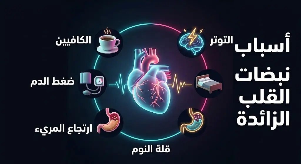 تصميم بصري يستعرض العوامل المؤدية لنبضات القلب الزائدة مثل الكافيين والتوتر وقلة النوم، يتوسطه مجسم لقلب بشري