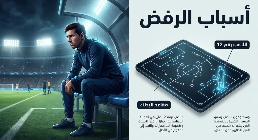 تصميم إنفوجرافيك يوضح أسباب رفض برادلي باركولا لتجديد عقده، مع تركيز بصري على جلوسه كبديل وتوظيفه كلاعب رقم 12