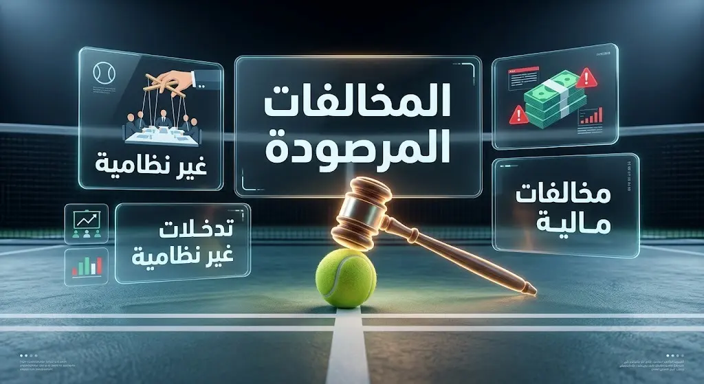 تصميم غرافيكي يعبر عن المخالفات الإدارية والمالية التي أدت لحل مجلس إدارة الاتحاد السعودي للتنس