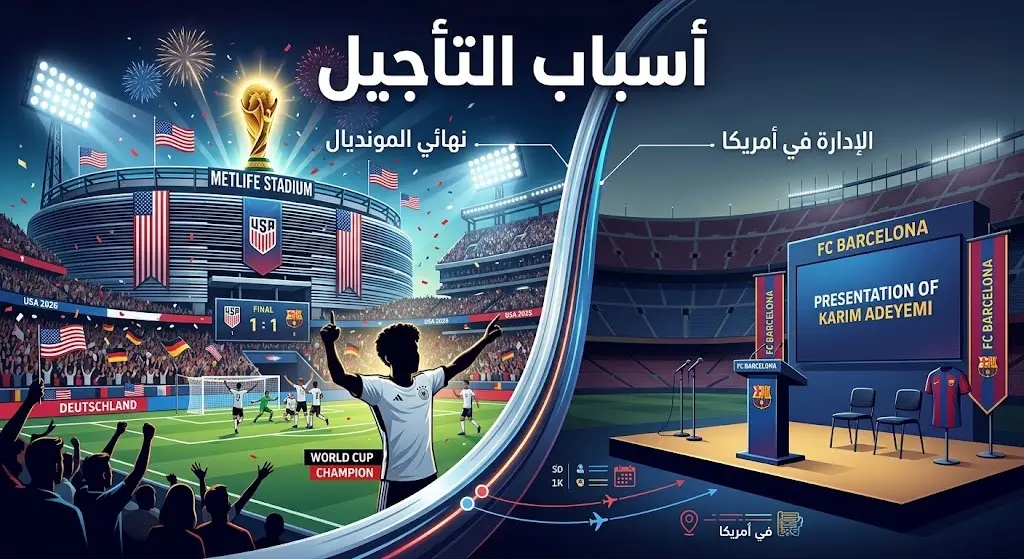 إنفوجرافيك يوضح أسباب تأجيل تقديم كريم أديمي بسبب سفر إدارة برشلونة لحضور نهائي كأس العالم 2026 في أمريكا