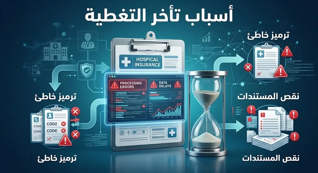 تصميم إنفوجرافيك يوضح أسباب تأخر الموافقات التأمينية الطبية مثل الترميز الخاطئ ونقص المستندات.