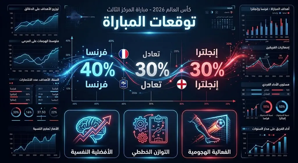 إنفوجرافيك يوضح توقعات الذكاء الاصطناعي لنتيجة مباراة فرنسا وإنجلترا، ونسب الفوز وأسباب تفوق المنتخب الفرنسي.