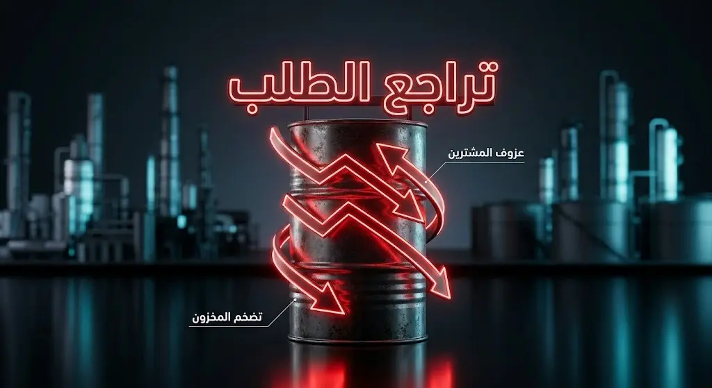 تصميم إنفوجرافيك ثلاثي الأبعاد يجسد أسباب تضخم مخزون النفط العائم من خلال برميل نفط تلتف حوله أسهم تراجع حمراء تعبر عن عزوف المشترين.