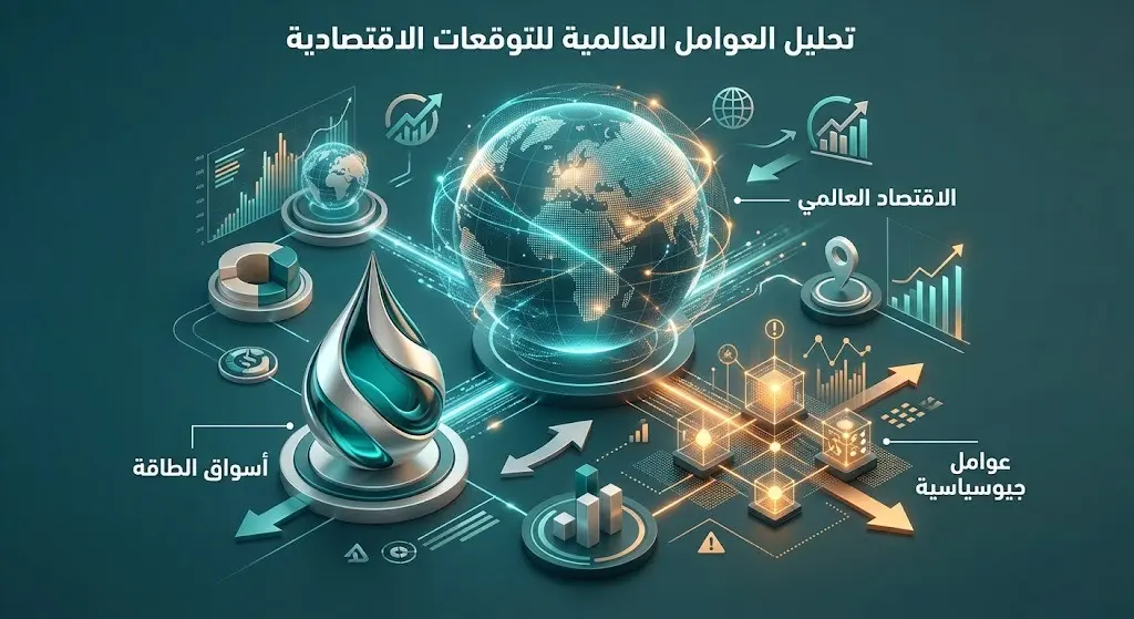 تصميم إنفوجرافيك يستعرض العوامل العالمية المؤثرة على تعديل التوقعات الاقتصادية مثل أسواق الطاقة والتغيرات الجيوسياسية