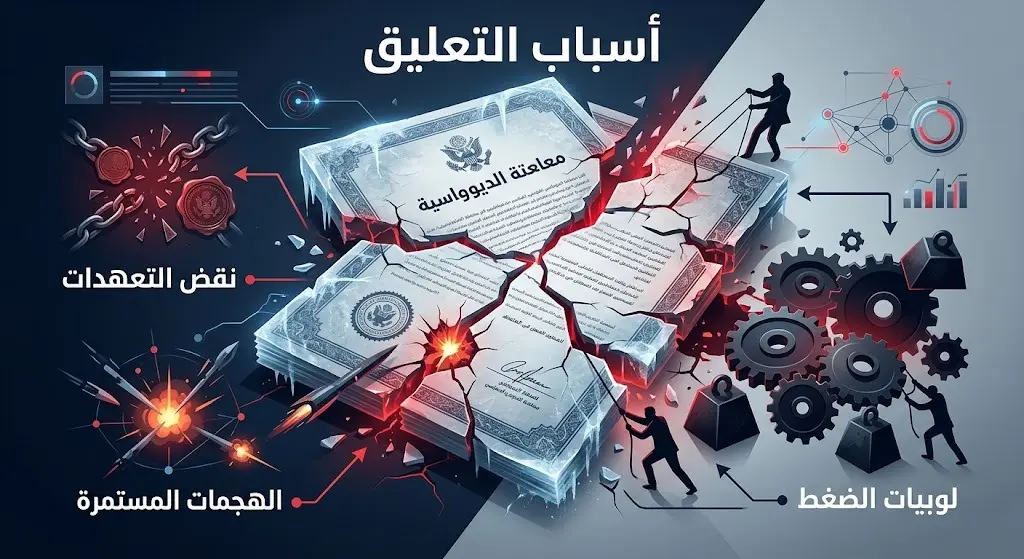 إنفوجرافيك يوضح أسباب تعليق الاتفاقيات بين طهران وواشنطن وتأثير جماعات الضغط على مسار القرار.
