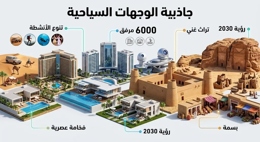 إنفوجرافيك يوضح أسباب تنامي جاذبية الوجهات السياحية السعودية وتنوع خيارات الضيافة التي بلغت 6000 مرفق.