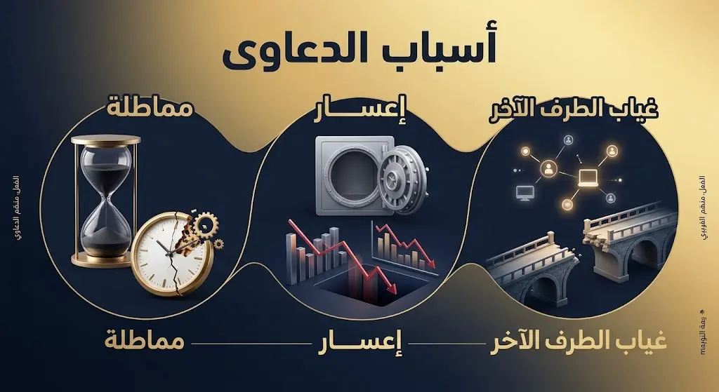 إنفوجرافيك احترافي ثلاثي الأبعاد يستعرض الأسباب الرئيسية لرفع الدعاوى القضائية وتأخر تسويتها مثل المماطلة والإعسار.