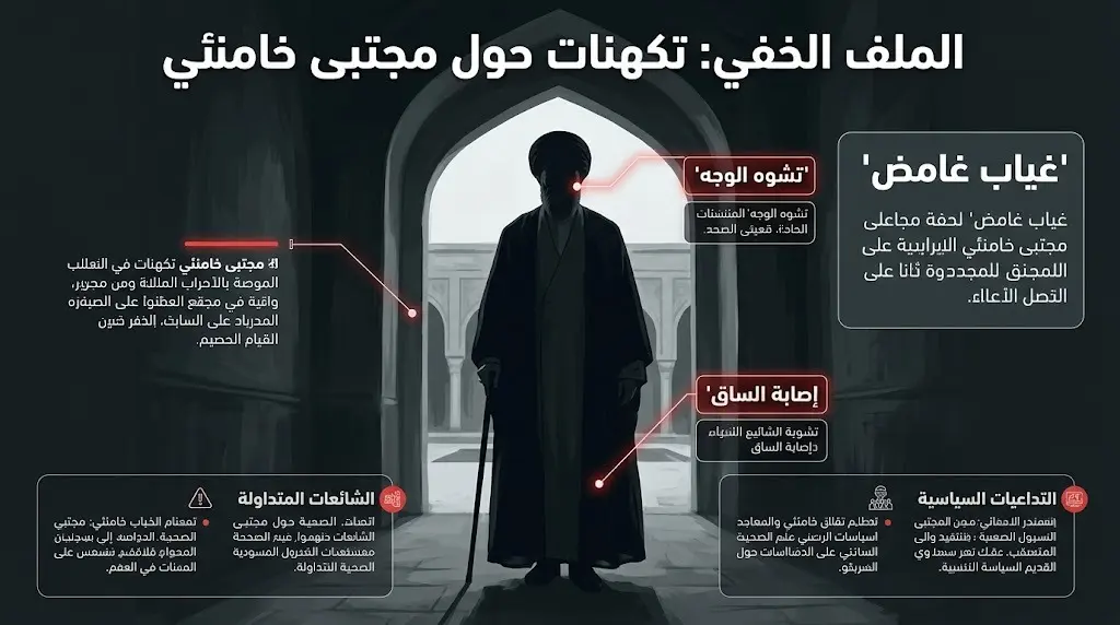 تصميم تعبيري يجسد الغموض حول غياب مجتبى خامنئي مع إشارات بصرية إنفوجرافيكية توضح إصاباته البالغة في الوجه والساقين.