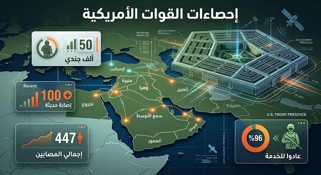 إنفوجرافيك يوضح إحصاءات الإصابات للقوات الأمريكية وحجم تواجدها في الشرق الأوسط