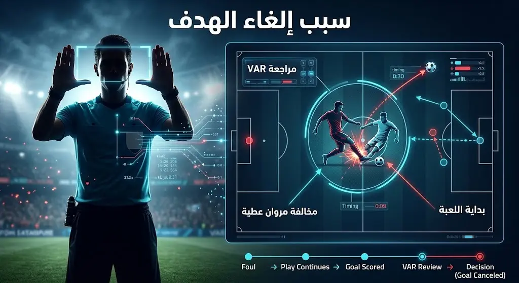 تصميم تحليلي يبرز لحظة إشارة الحكم لتقنية الفيديو ومراجعة المخالفة التي ارتكبها مروان عطية في منتصف الملعب والتي أدت لإلغاء الهدف.