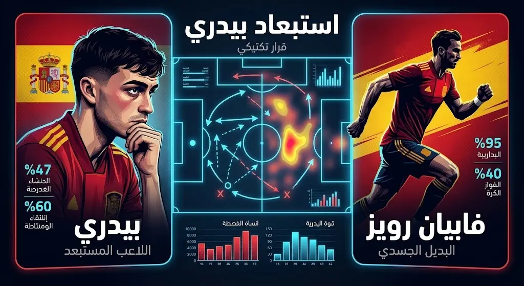 إنفوجرافيك تحليلي يوضح المقارنة التكتيكية والبدنية بين بيدري وفابيان رويز وأسباب التغيير في خط وسط إسبانيا