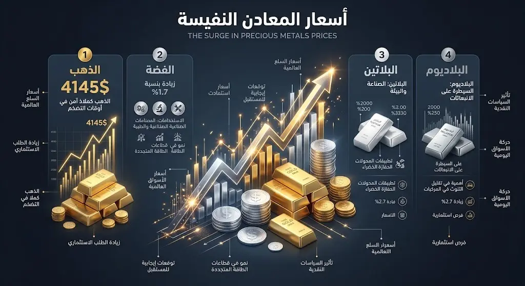 إنفوجرافيك يستعرض أحدث أسعار الذهب والفضة والبلاتين ونسب الارتفاع في الأسواق العالمية.