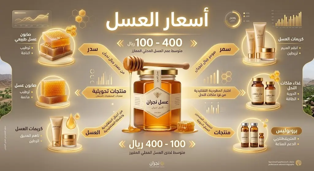 رسم بياني يعرض أنواع العسل في نجران كالطلح والسدر، والمنتجات التحويلية، مع توضيح نطاق الأسعار بين 100 و400 ريال للكيلوغرام.