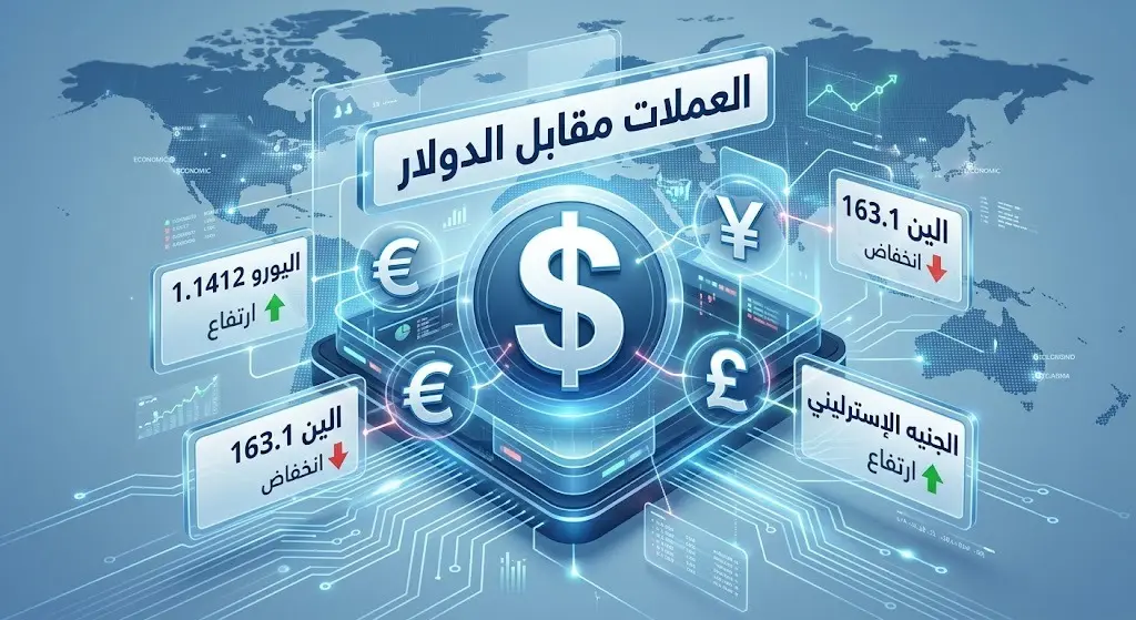 إنفوجرافيك مالي يعرض تباين أسعار العملات العالمية كاليورو والين والجنيه الإسترليني مقابل الدولار الأمريكي