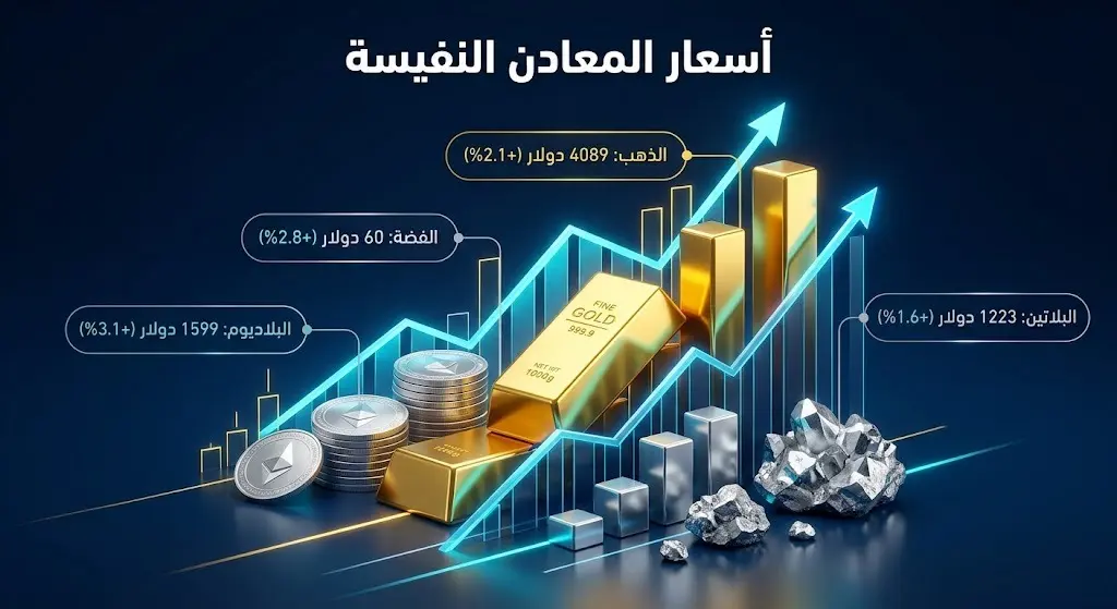 إنفوجرافيك يوضح أسعار المعادن النفيسة ونسب ارتفاعها في المعاملات الفورية، شاملة الذهب والفضة والبلاديوم والبلاتين.