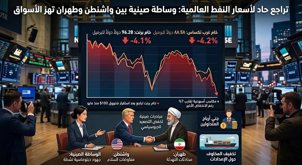 أسعار النفط العالمية تتراجع بأكثر من 4% إثر تحركات صينية للوساطة بين واشنطن وطهران