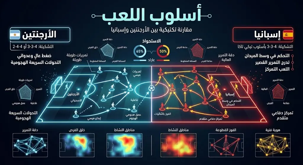 إنفوجرافيك تكتيكي يوضح أسلوب اللعب المعتمد على الاستحواذ بين منتخبي الأرجنتين وإسبانيا