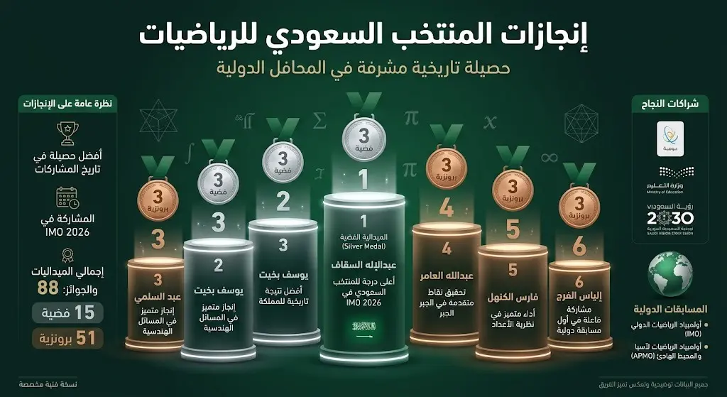 إنفوجرافيك يستعرض إنجازات المنتخب السعودي للرياضيات مبرزاً حصده 6 ميداليات (3 فضية و3 برونزية) في الأولمبياد الدولي بمشاركة طلاب من مختلف الإدارات التعليمية.