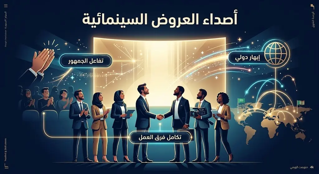 تصميم فني يجسد تفاعل وإعجاب المنتجين الدوليين والعرب بجودة العروض السينمائية في مهرجان أفلام السعودية مع إضاءات ونصوص توضيحية.