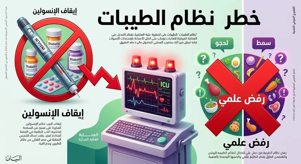 إنفوجرافيك تحذيري يوضح المخاطر الصحية لـ 'نظام الطيبات'، مبرزاً العلاقة الخطيرة بين إيقاف الإنسولين ودخول العناية المركزة، بالإضافة إلى الرفض العلمي والطبي لهذا المنهج.