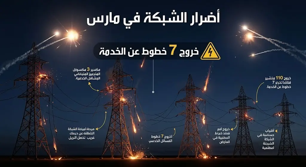 رسم تعبيري يظهر تضرر 7 خطوط هوائية لنقل الطاقة الكهربائية جراء شظايا اعتراضات جوية في شهر مارس.