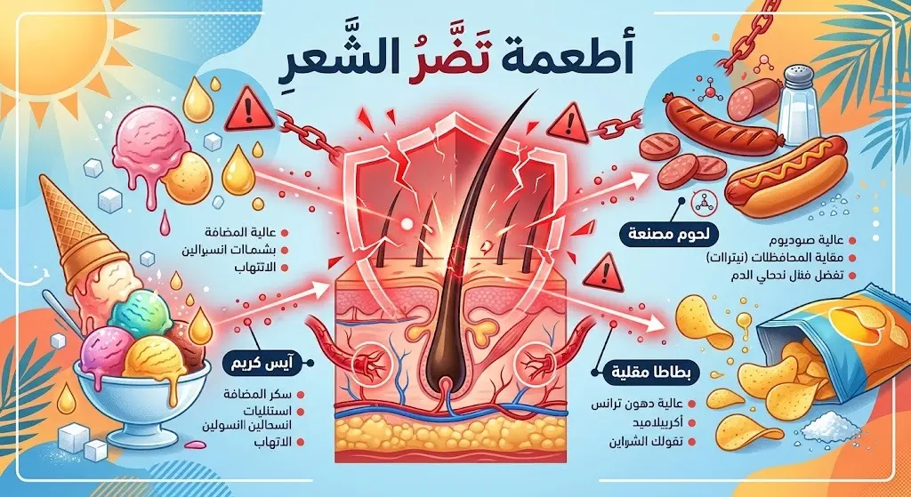 إنفوجرافيك يوضح الأطعمة الصيفية المضرة بصحة الشعر مثل الآيس كريم واللحوم المصنعة ورقائق البطاطا وتأثيرها السلبي على البصيلات.