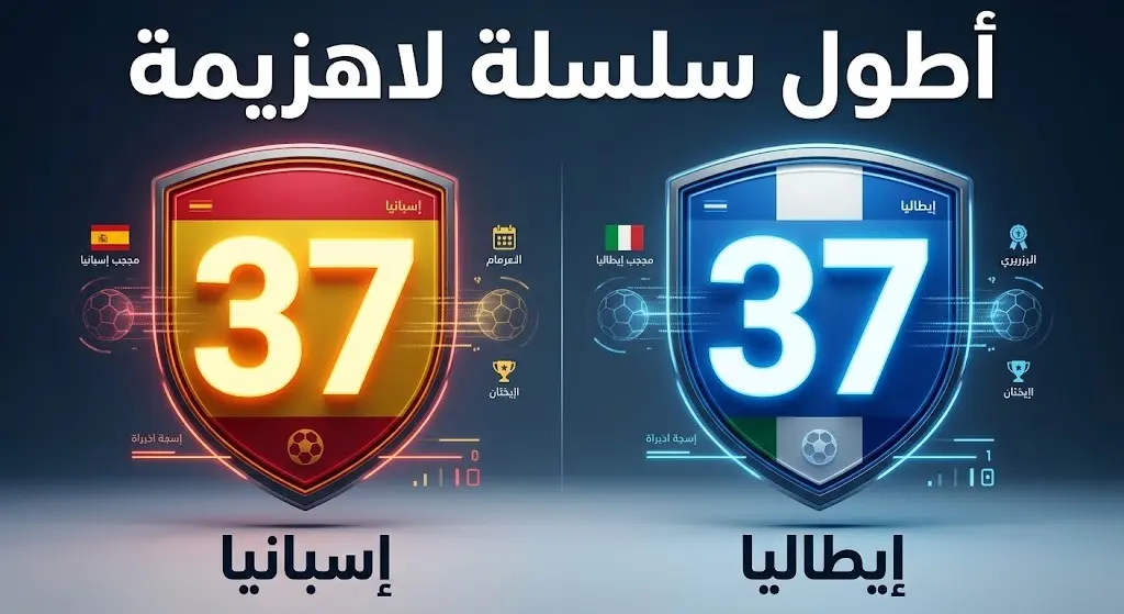 إنفوجرافيك رياضي يقارن بين سلسلتي اللاهزيمة لمنتخبي إسبانيا وإيطاليا بواقع 37 مباراة لكل منهما.