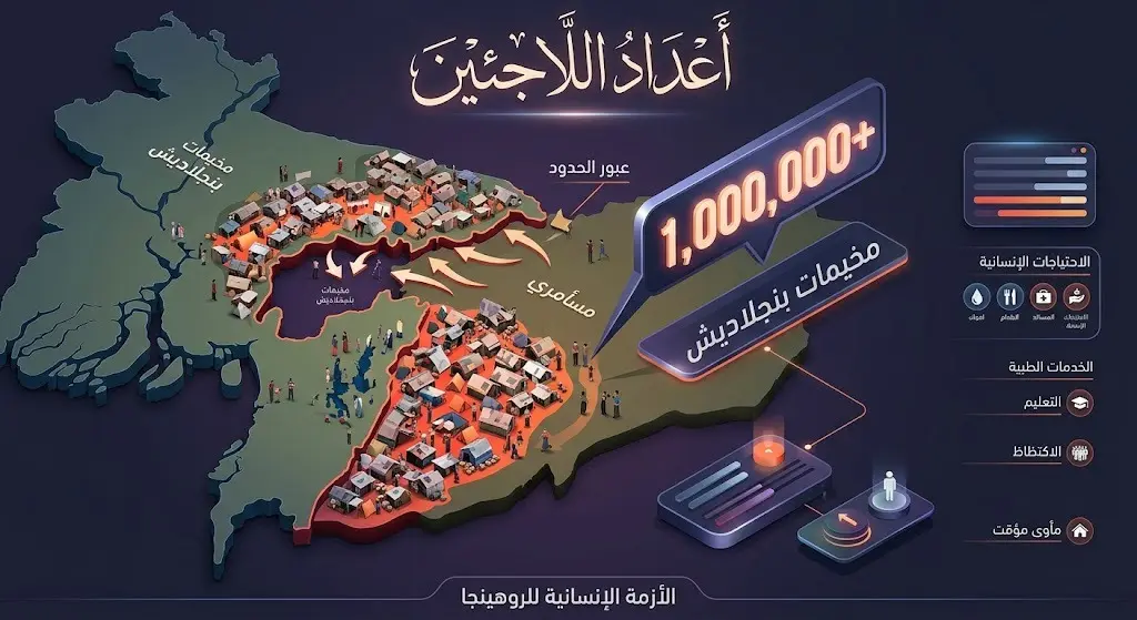 إنفوجرافيك يوضح أعداد لاجئي الروهينجا في مخيمات بنجلاديش والتي تتجاوز مليون لاجئ.