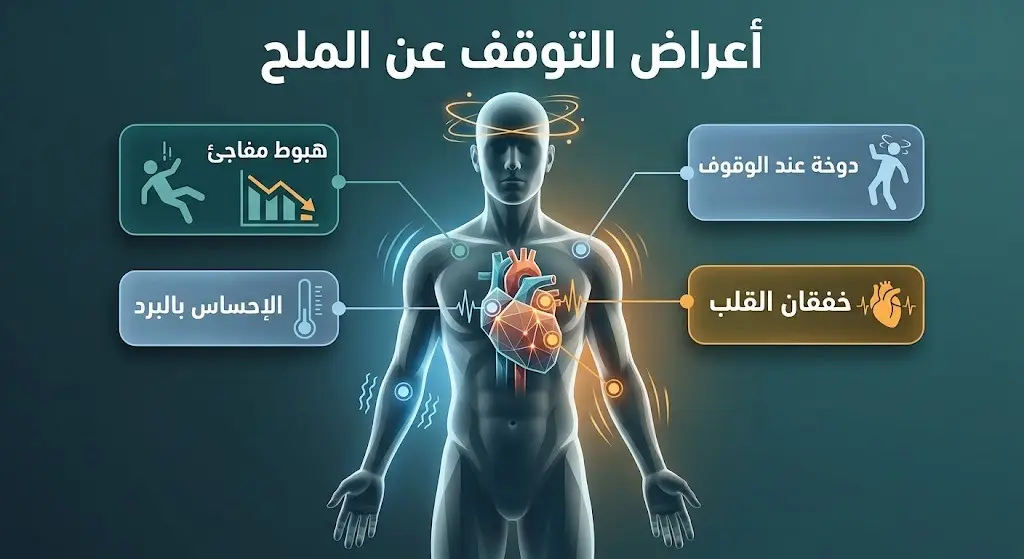 إنفوجرافيك طبي يوضح الأعراض الجسدية الناتجة عن التوقف المفاجئ عن تناول الملح مثل الهبوط وخفقان القلب والدوخة.