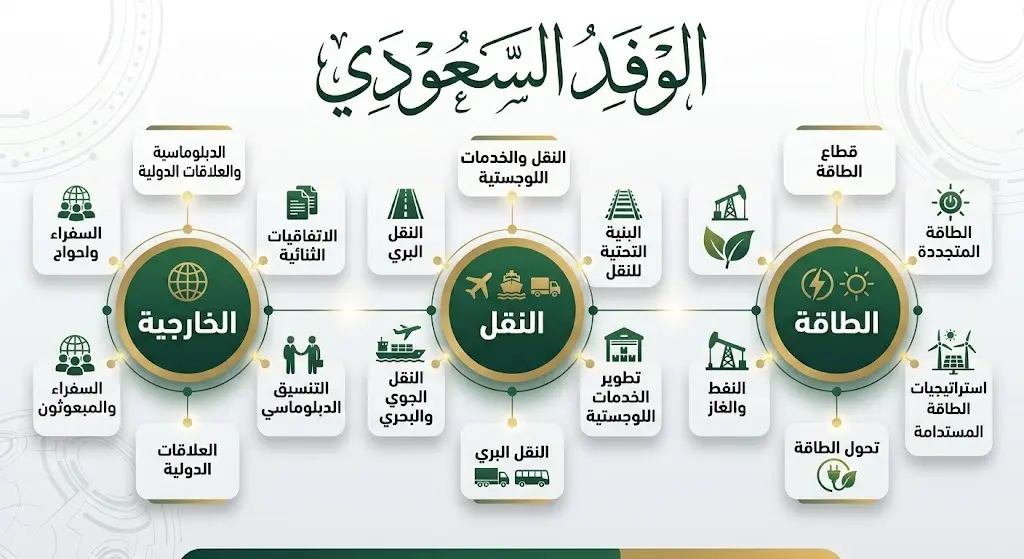 تصميم معلوماتي يعرض القطاعات المشاركة ضمن الوفد السعودي في المباحثات