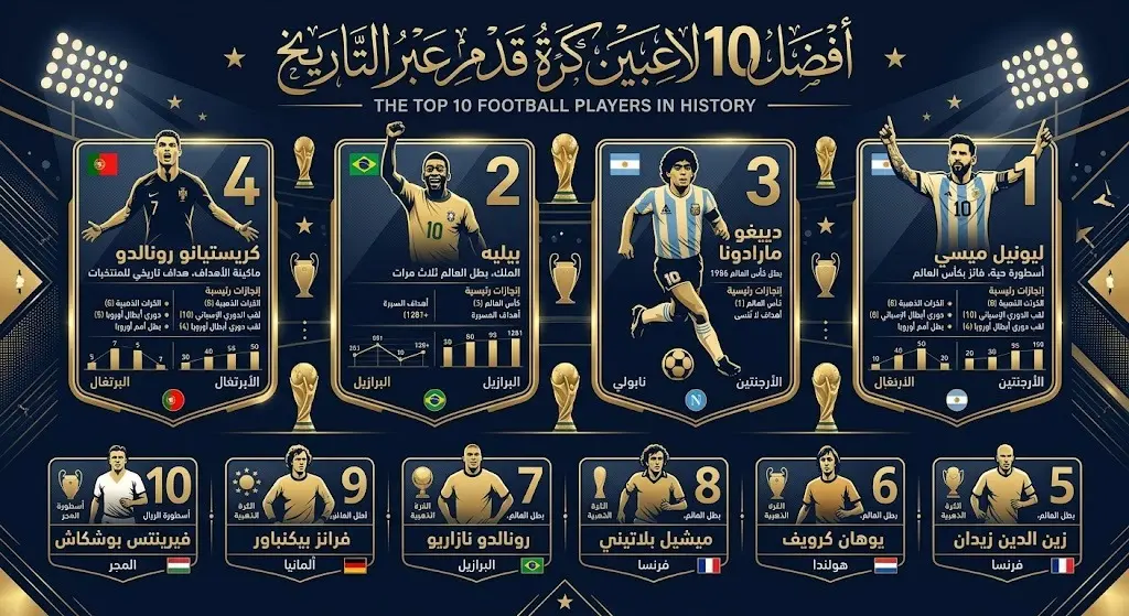 إنفوجرافيك احترافي وتصميم عصري يعرض ترتيب أفضل 10 لاعبين في تاريخ كرة القدم، يتصدرهم ميسي يليه بيليه ومارادونا ثم رونالدو.