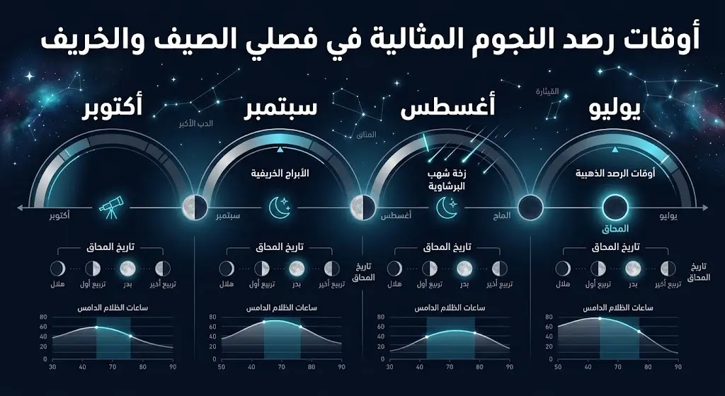 إنفوجرافيك زمني حديث يبرز الأشهر الأربعة الأفضل للرصد الفلكي وارتباطها بأطوار القمر.