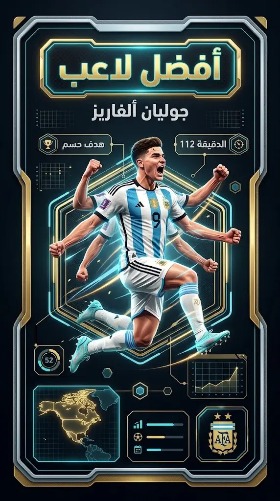 بطاقة معلومات إحصائية تتوج جوليان ألفاريز بجائزة أفضل لاعب في المباراة