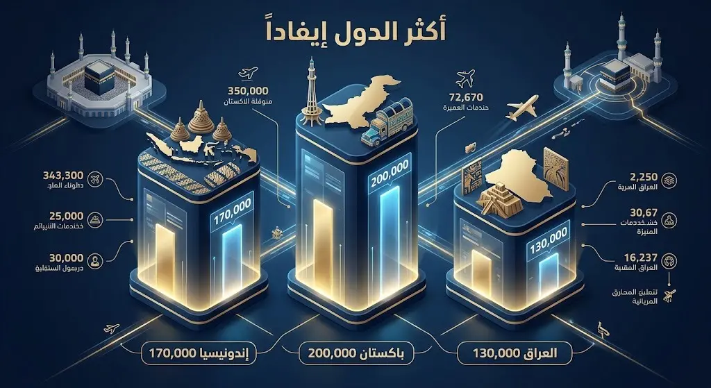 رسم بياني إبداعي يعرض أكثر 3 دول إيفاداً للمعتمرين، وهي باكستان، إندونيسيا، والعراق مع أعداد المعتمرين.