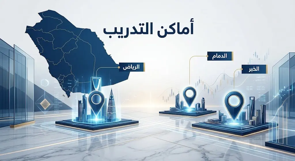 تصميم مرئي عصري يستعرض خريطة أو أيقونات للمدن الثلاث التي تحتضن التدريب: الرياض، الدمام، والخبر، مدمجة بعناصر تعبر عن القطاع المالي والمصرفي.