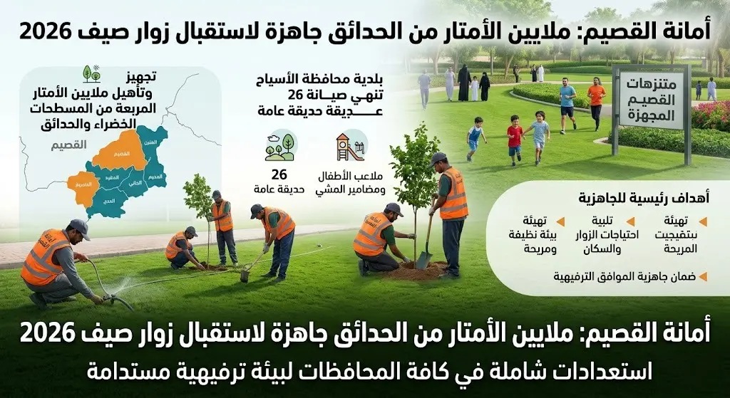 أمانة القصيم تنهي تجهيز ملايين الأمتار المربعة من الحدائق والمتنزهات لاستقبال زوار صيف 2026
