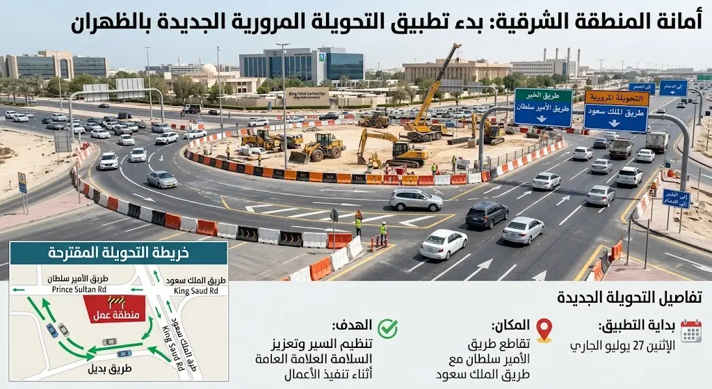 أمانة المنطقة الشرقية تشرع في تطبيق التحويلة المرورية الجديدة بين طريقي الأمير سلطان والملك سعود بالظهران