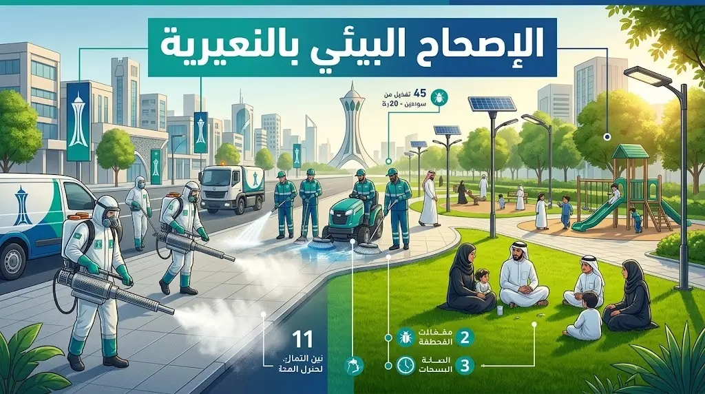 أمانة المنطقة الشرقية تنهي تعقيم آلاف الحاويات وتطهر الحدائق في النعيرية ضمن خطة الإصحاح البيئي