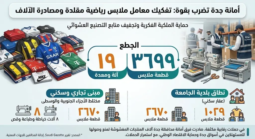 أمانة جدة تفكك معامل سرية وتصادر آلاف الملابس الرياضية المقلدة قبل وصولها للأسواق