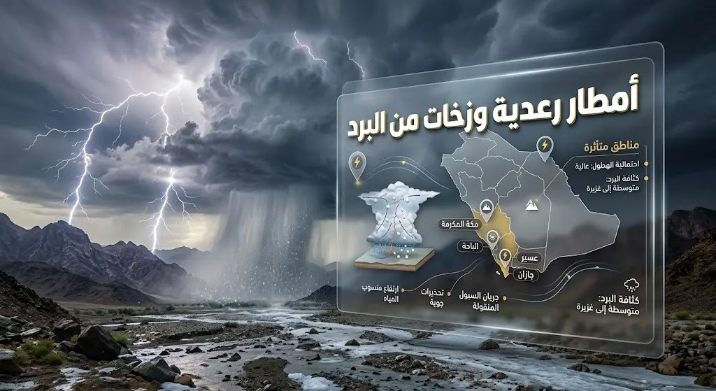 إنفوجرافيك احترافي يوضح توقعات الأمطار الرعدية وزخات البرد على مناطق جازان، عسير، الباحة ومكة المكرمة مع خلفية لغيوم داكنة وبرق.