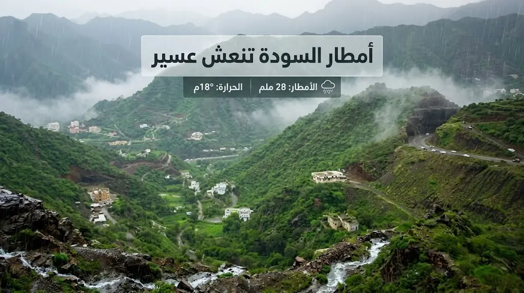 أمطار صيفية غزيرة تنعش السياحة في جبال السودة والأرصاد ترفع درجة الإنذار بمنطقة عسير