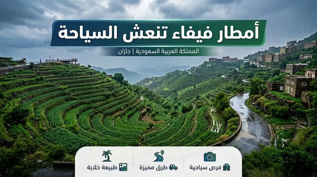 أمطار غزيرة تكسو مدرجات فيفاء باللون الأخضر وتنعش الحركة السياحية بجازان