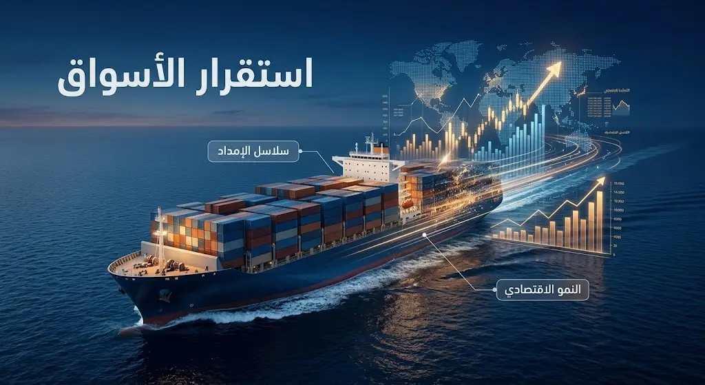 رسم تعبيري يدمج بين سفن الشحن العملاقة والمؤشرات الاقتصادية والمالية المرتفعة للدلالة على استقرار الأسواق